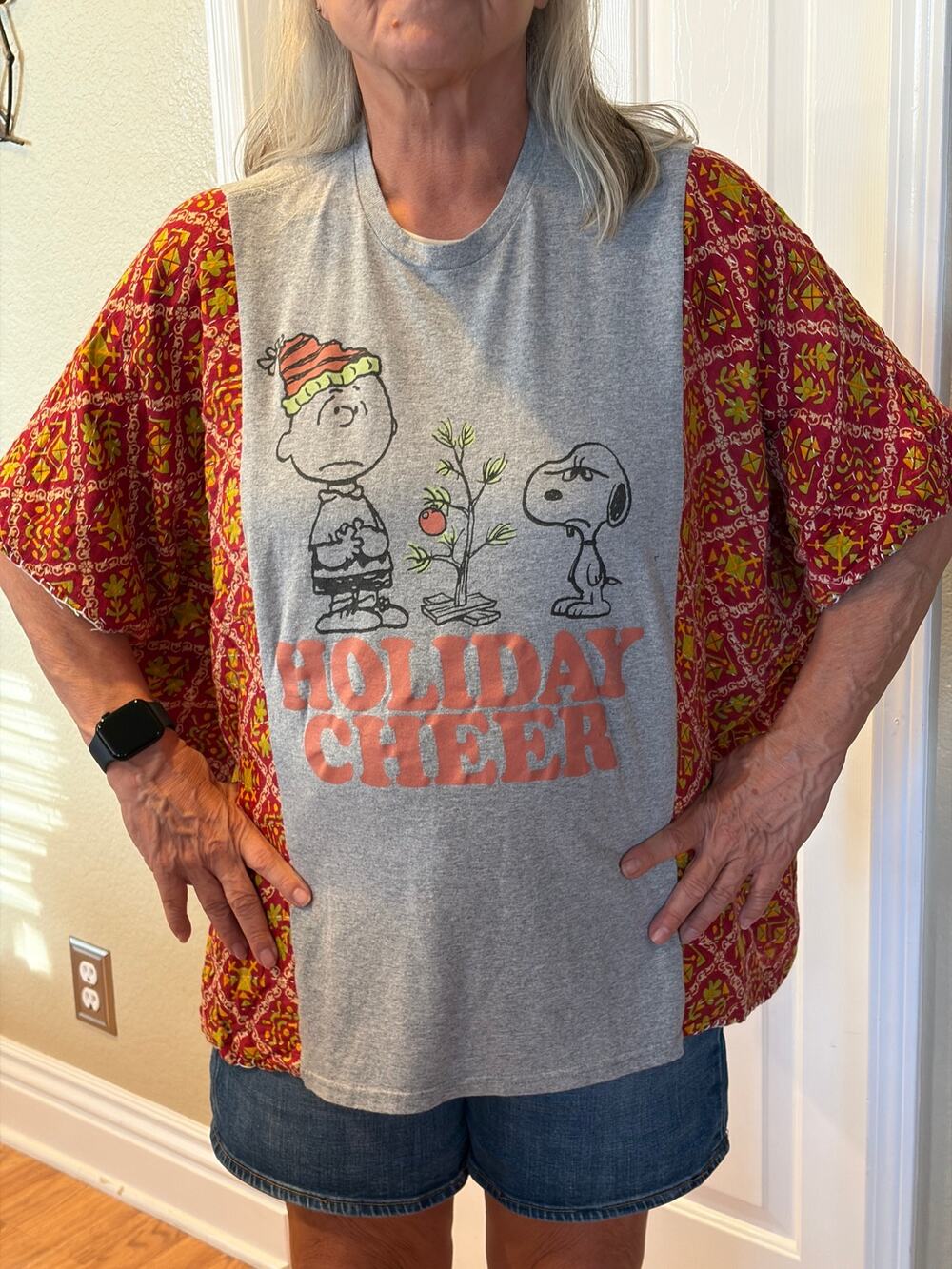 Snoopy Holiday Cheer Upcycled Kantha Tunic Top Shirt OS